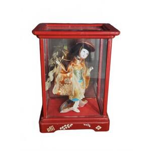 Vintage Made in Japan Ningyo Geisha Kimono Doll Glass Display Case